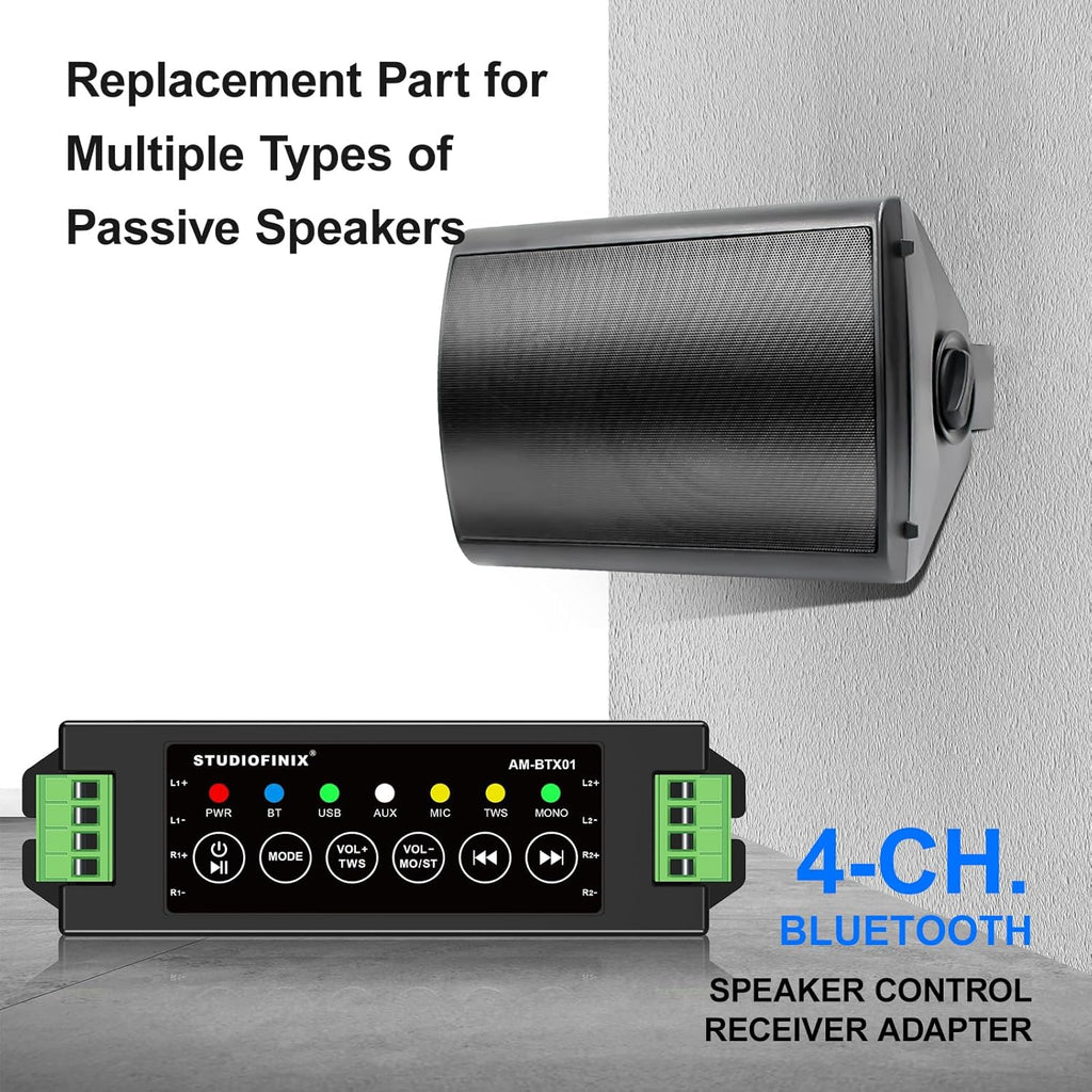 STUODIOFINIX 4-Channel Mini Bluetooth Amplifier 120w for Passive Speakers with TWS,AUX,MIC,USB,Replacement Part,Suitable for Wall/Ceiling/Marine/Bookshelf Speakers