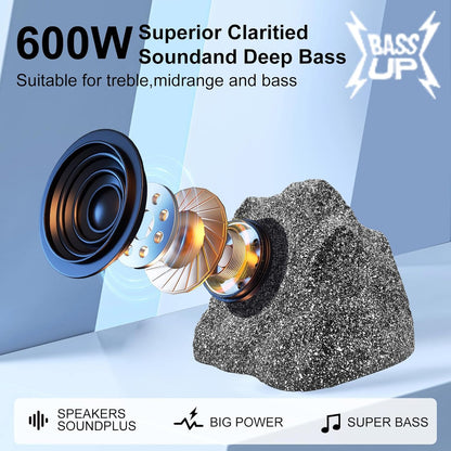 STUDIOFINIX 8" Outdoor Rock Bluetooth Speakers | 600W Waterproof Deep Bass (1 Pair, Gray)