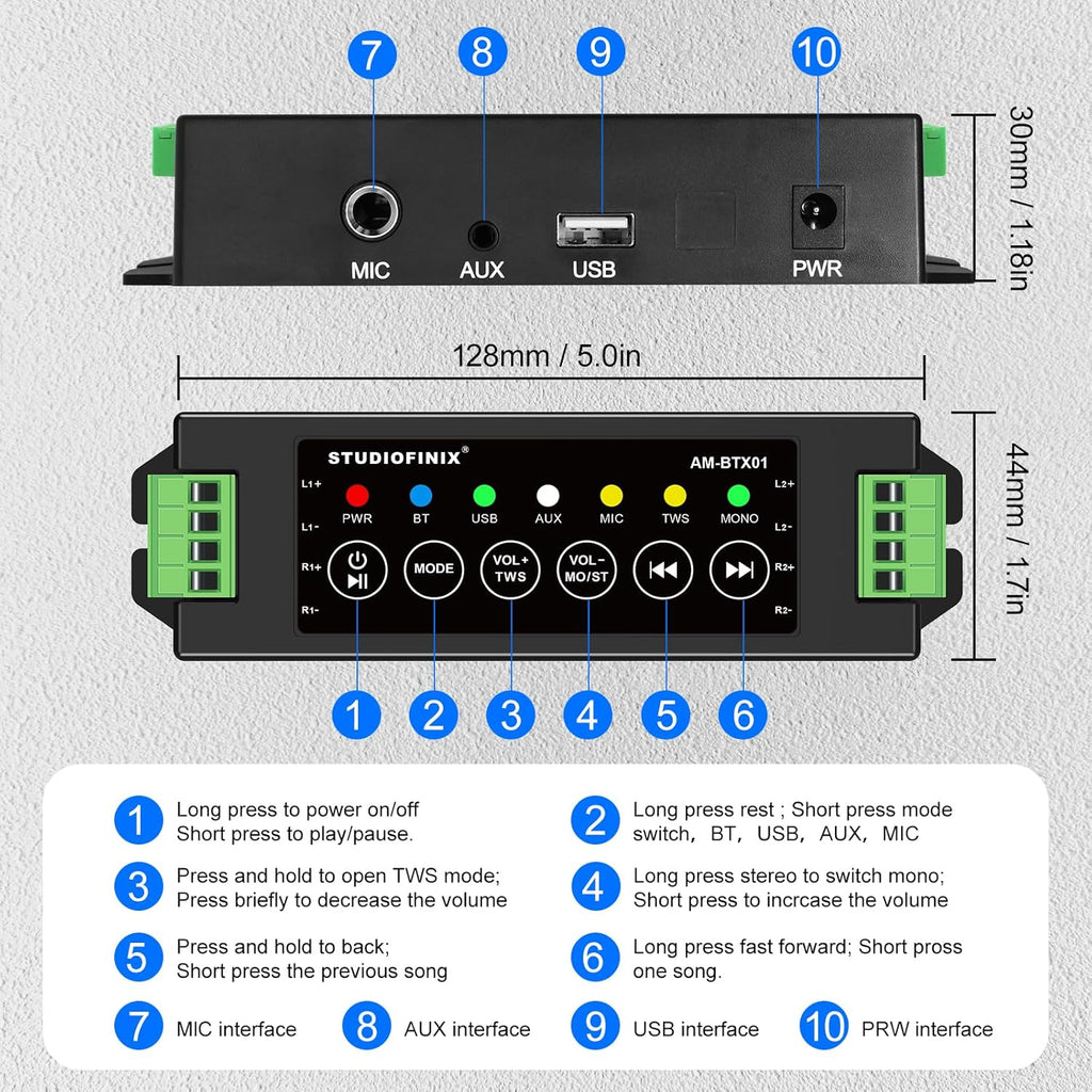 STUODIOFINIX 4-Channel Mini Bluetooth Amplifier 120w for Passive Speakers with TWS,AUX,MIC,USB,Replacement Part,Suitable for Wall/Ceiling/Marine/Bookshelf Speakers