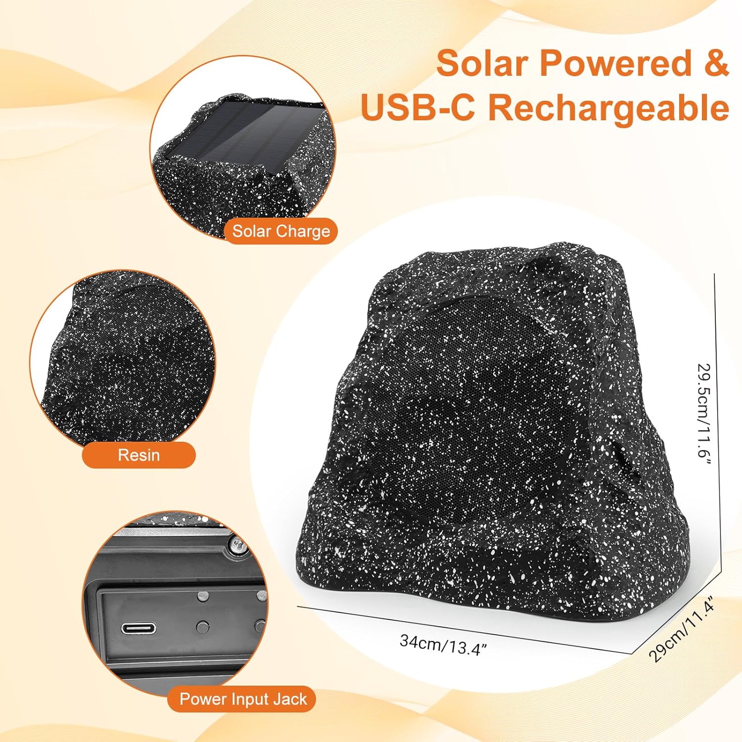 STUDIOFINIX 8" Outdoor Rock Speaker Waterproof Bluetooth Wireless Solar Powered with Rechargeable Battery for Patio, Deck, Pool, Garden(Single, Gray)