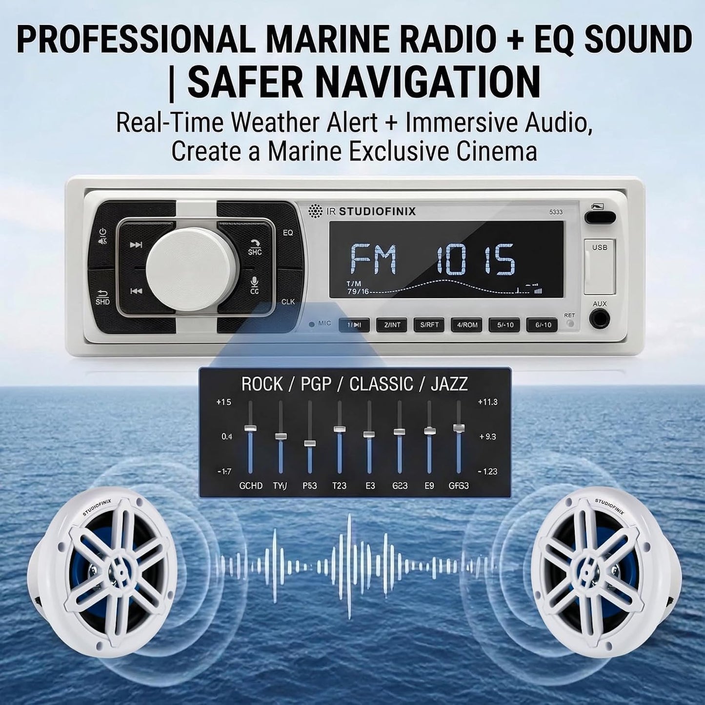 STUDIOFINIX Single DIN Marine Car Stereo Receiver | 240W Bluetooth 5.1 | FM/AM, USB, AUX, APP Control (White)