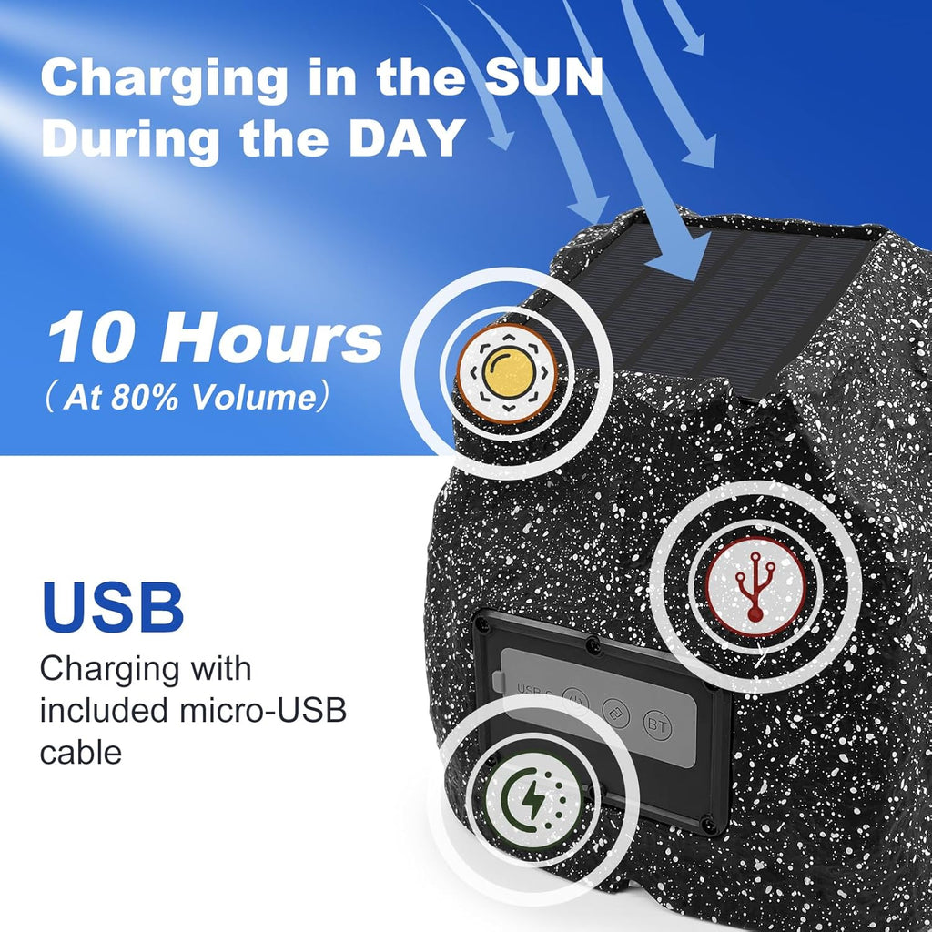 STUDIOFINIX 4" Rock Speakers Outdoor Waterproof - 5.3 Bluetooth Wireless Speaker Solar Powered Max Peak 160W for Garden,Patio,Deck,Pool,Backyard (Gray 1 Pair)