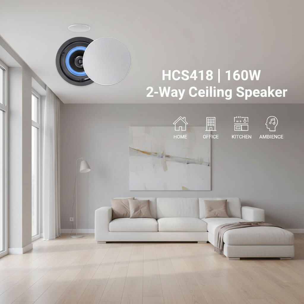 STUDIOFINIX HCS418 4" 160W 2-Way Flush Mount Ceiling & Wall Speakers | Kitchen, Living Room, Office (Pair)