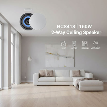 STUDIOFINIX HCS418 4" 160W 2-Way Flush Mount Ceiling & Wall Speakers | Kitchen, Living Room, Office (Pair)