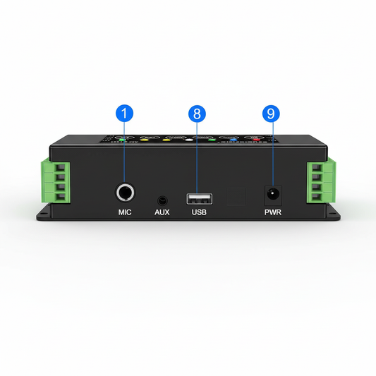 4-Channel Amplifier Back Panel - Speaker Outputs and Input Connections